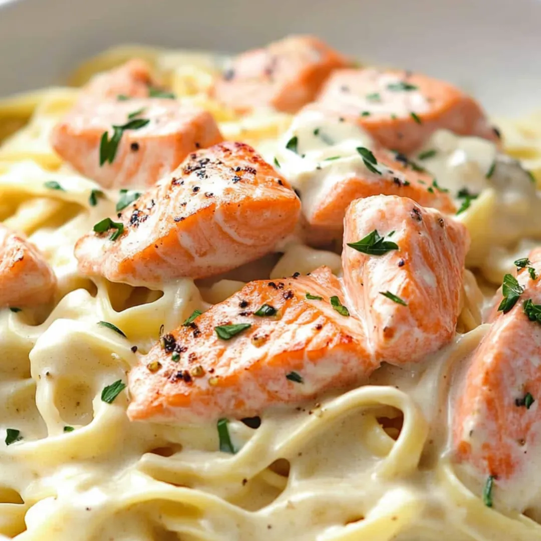 Pasta tossed with salmon pieces and sprinkled with fresh herbs.