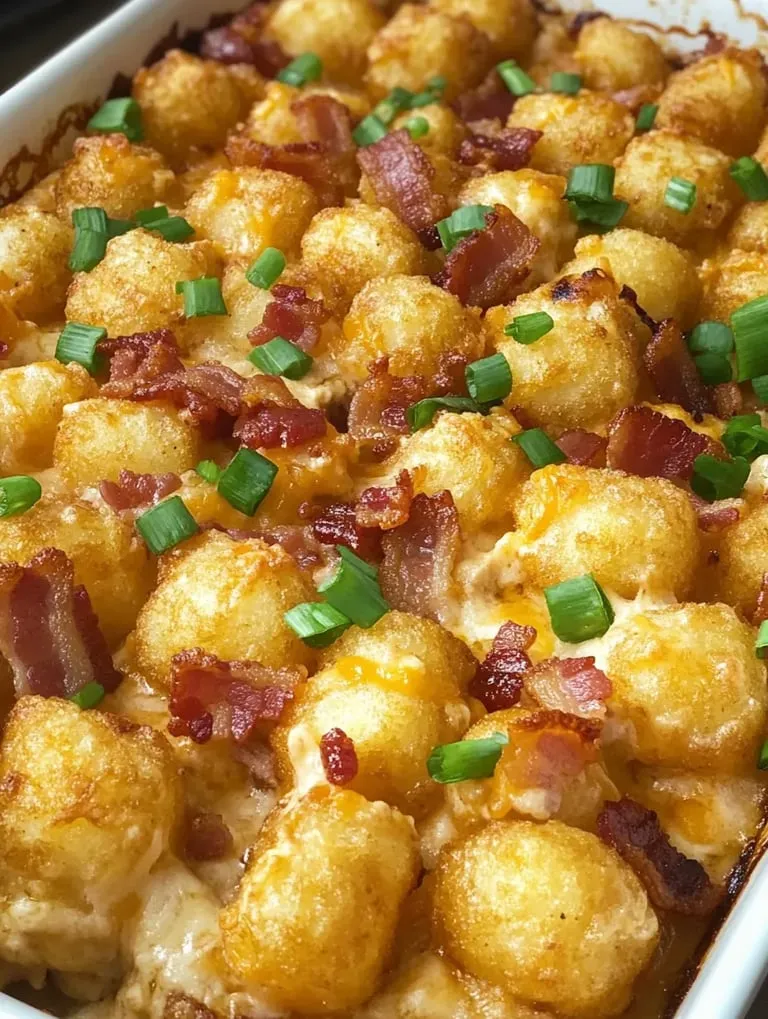 Tater tots layered with bacon and plenty of gooey cheese.