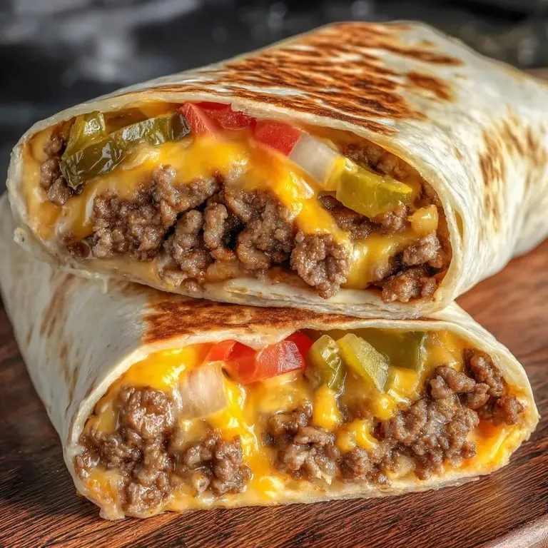 A burrito stuffed with beef and gooey cheese.
