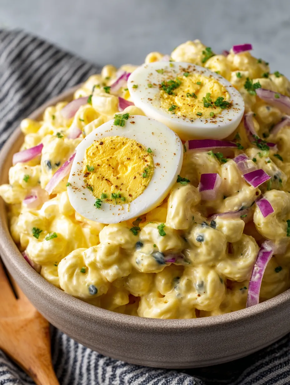 Bowl of cheesy noodles topped with two eggs.