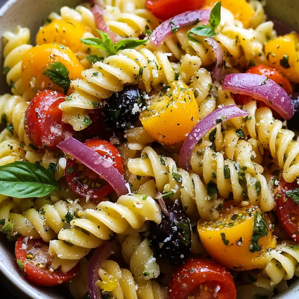 A big serving bowl piled high with pasta, fresh tomatoes, and leafy basil.