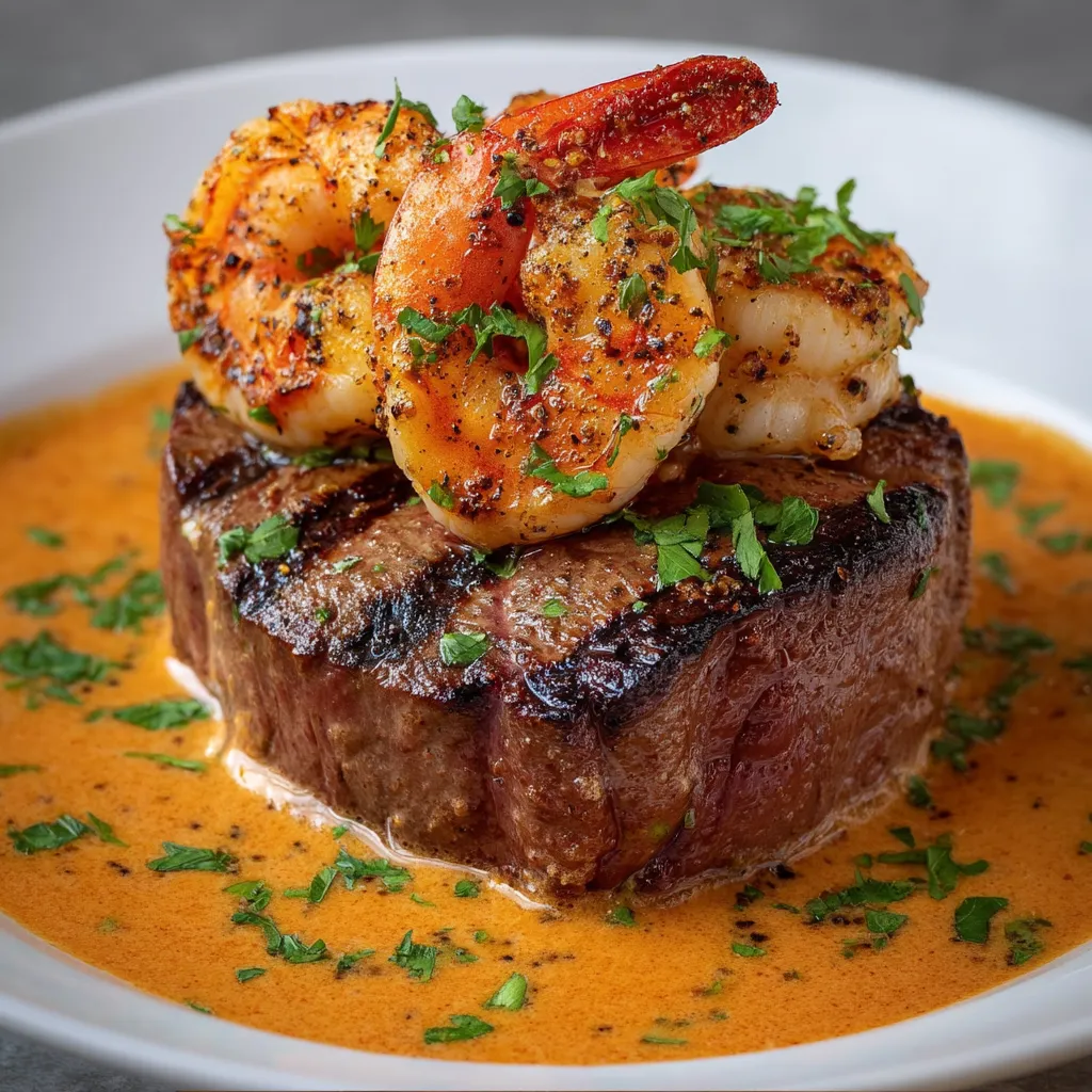 Steak paired with shrimp on a dish.
