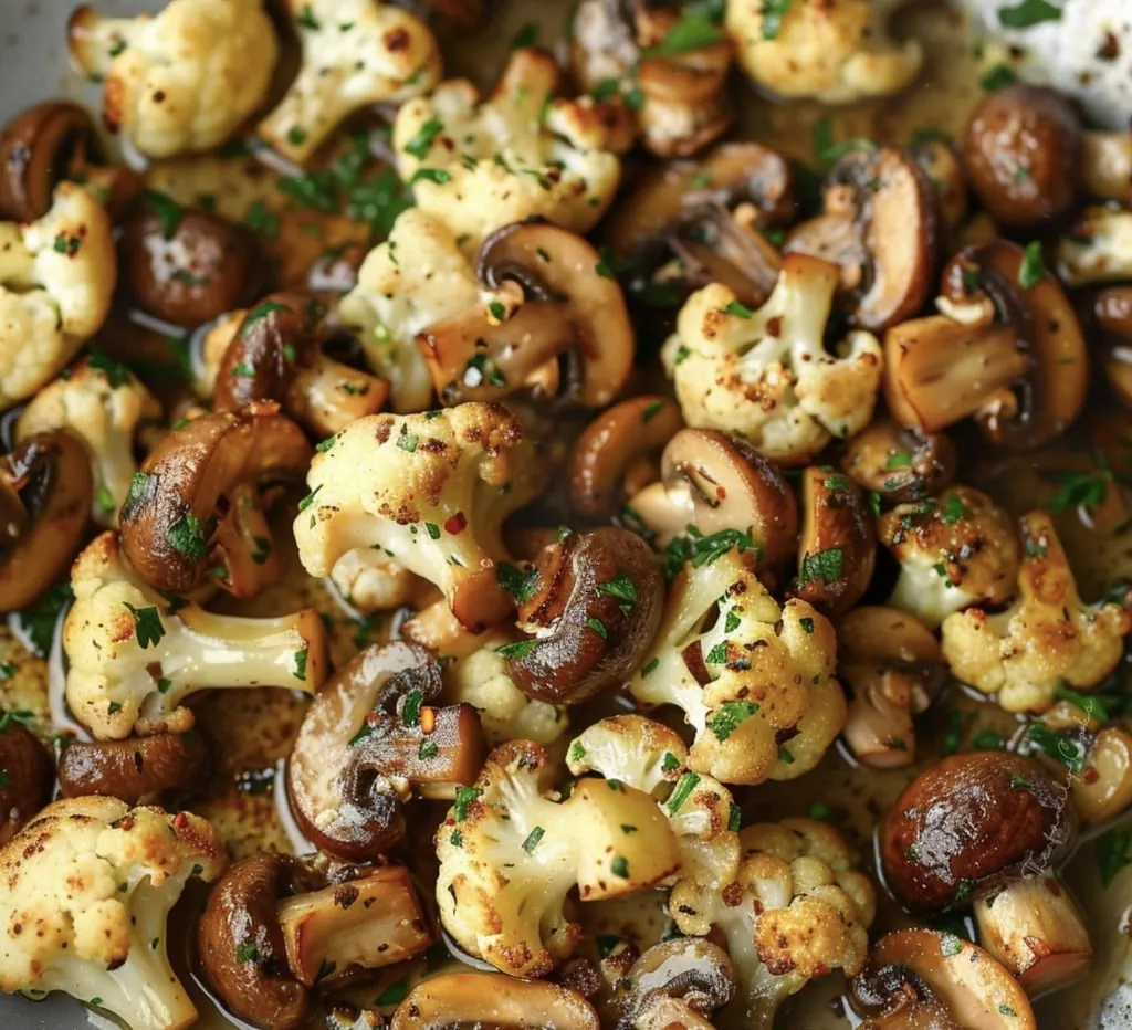 A close up view of mushrooms and cauliflower together in a bowl.