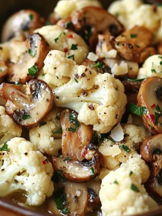 A close-up of tasty cauliflower and mushrooms.