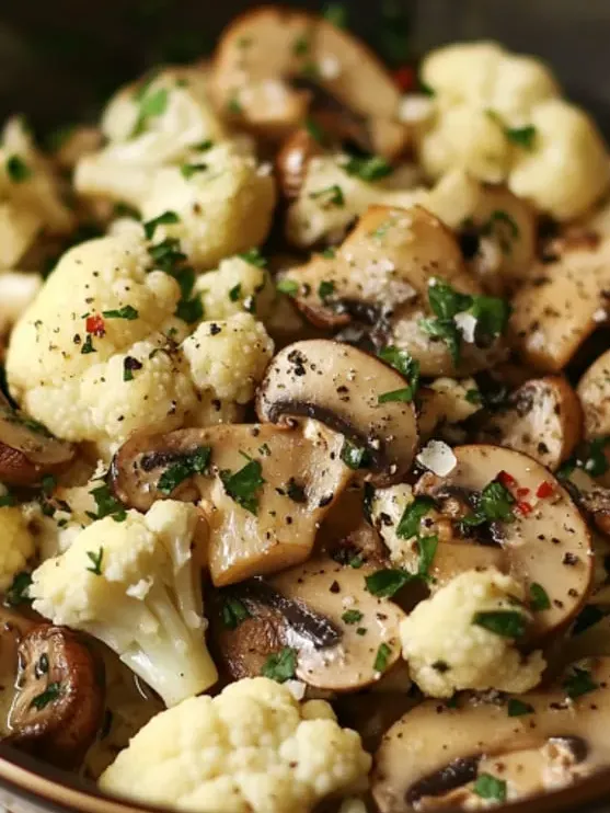 A close-up of cauliflower and mushrooms.