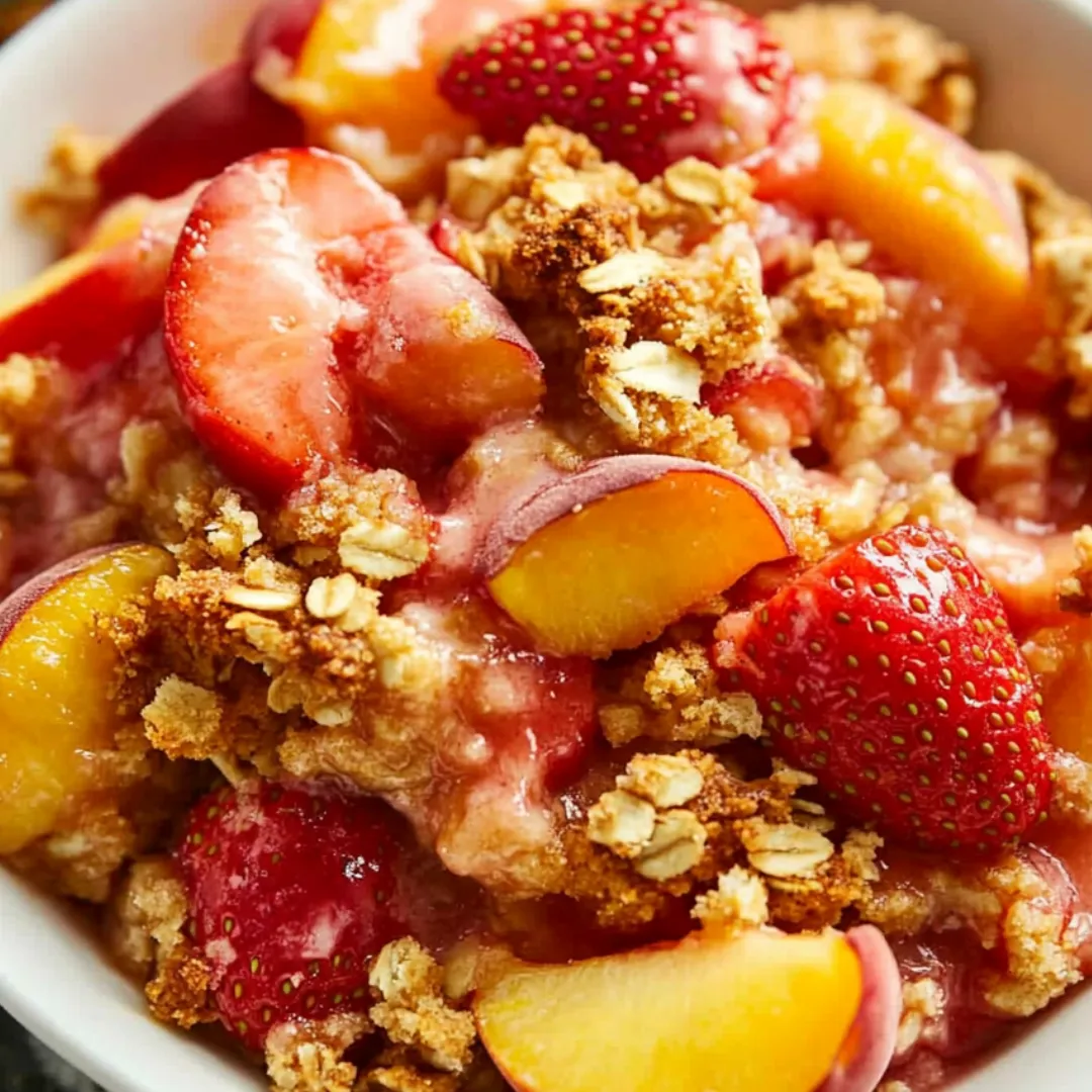 A bowl packed with peaches and strawberries.