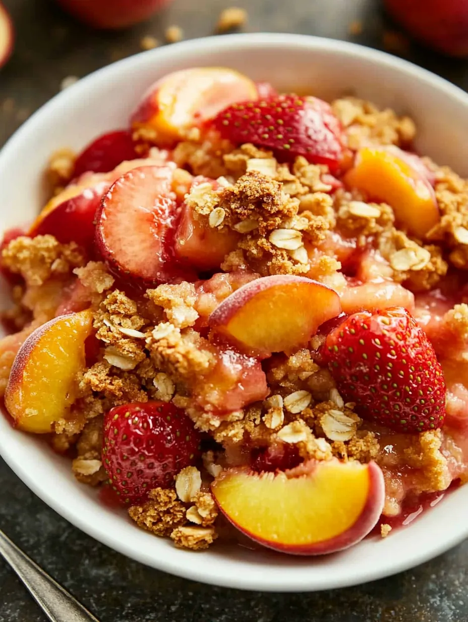 A bowl filled with sliced strawberries, peaches, and mixed fruit.