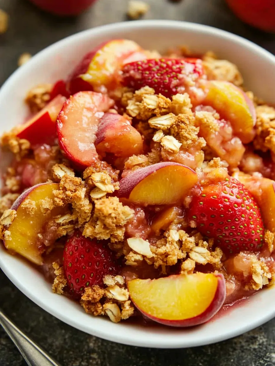 A bowl loaded with strawberries, peaches and slices of apple.