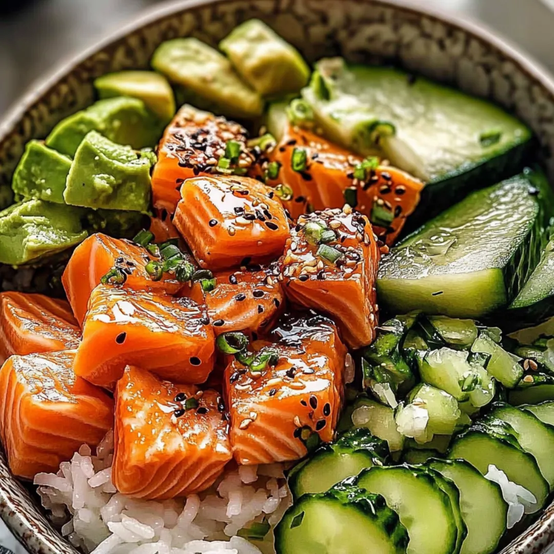 Big bowl stuffed with rice, cucumber, and slices of avocado.