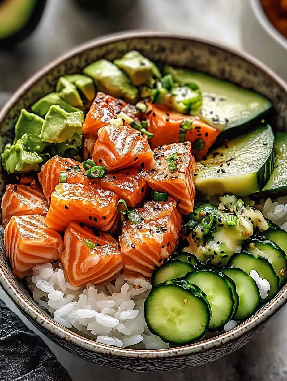 A bowl loaded with rice, salmon, cucumbers, and veggies.