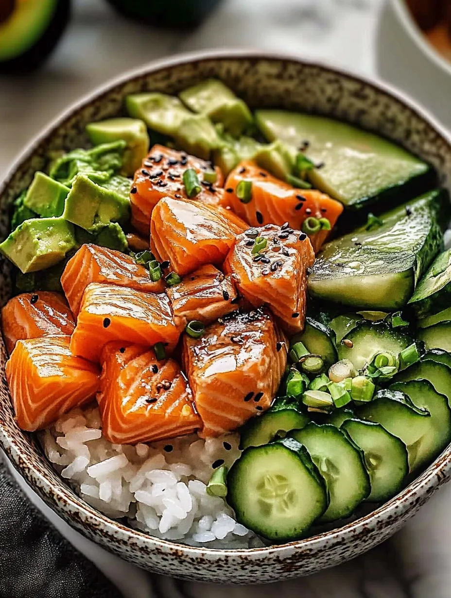A bowl with sushi-style rice, cucumbers, fish, and avocado.