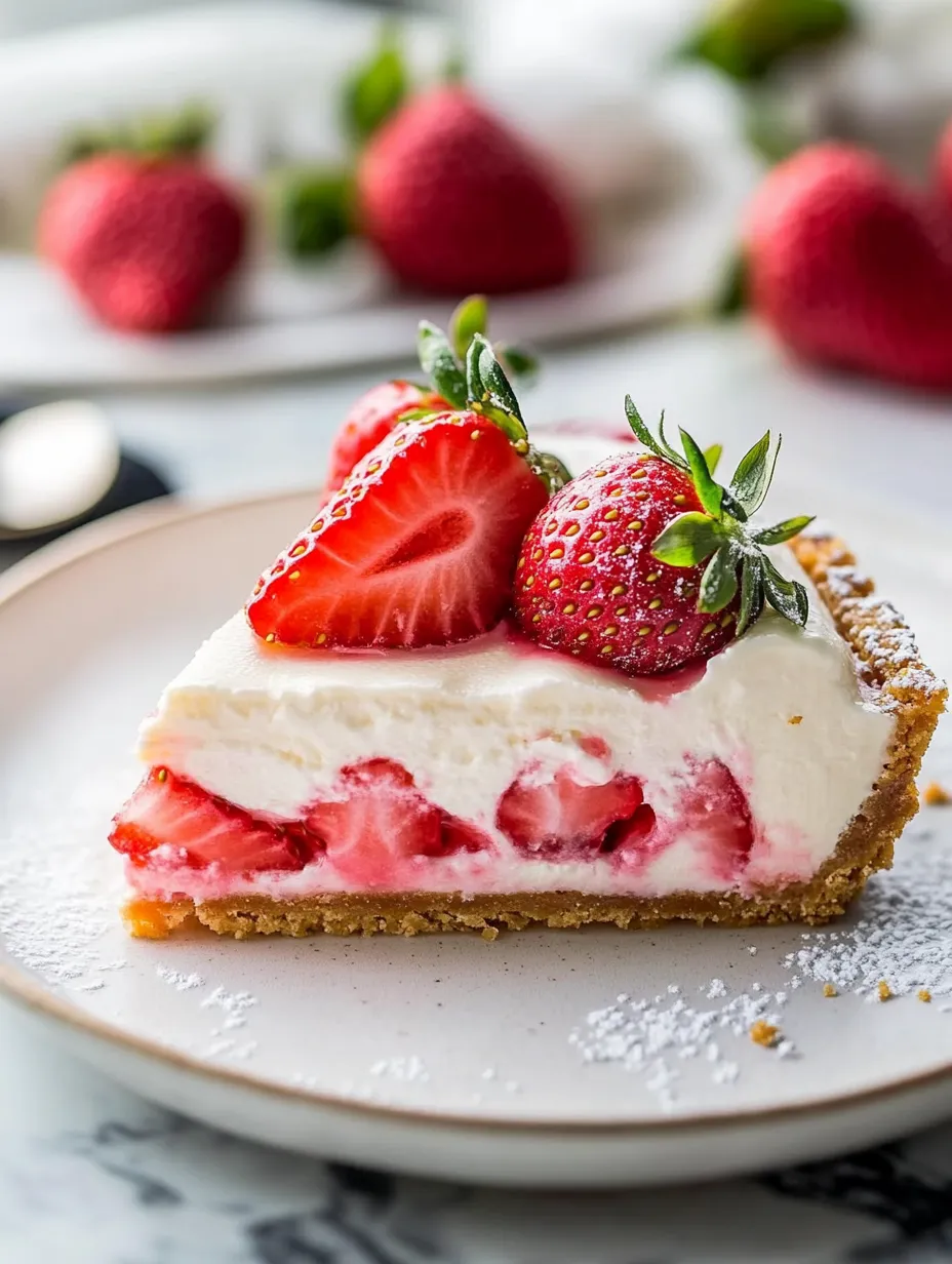 A slice with strawberries stacked up on top of creamy cheesecake.