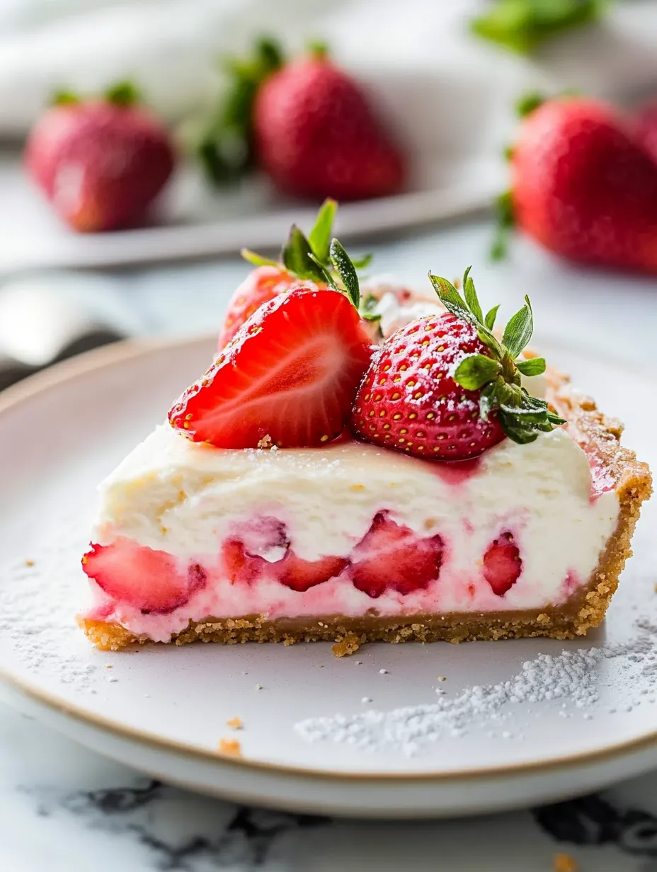 A slice with strawberries stacked up on top of creamy cheesecake.
