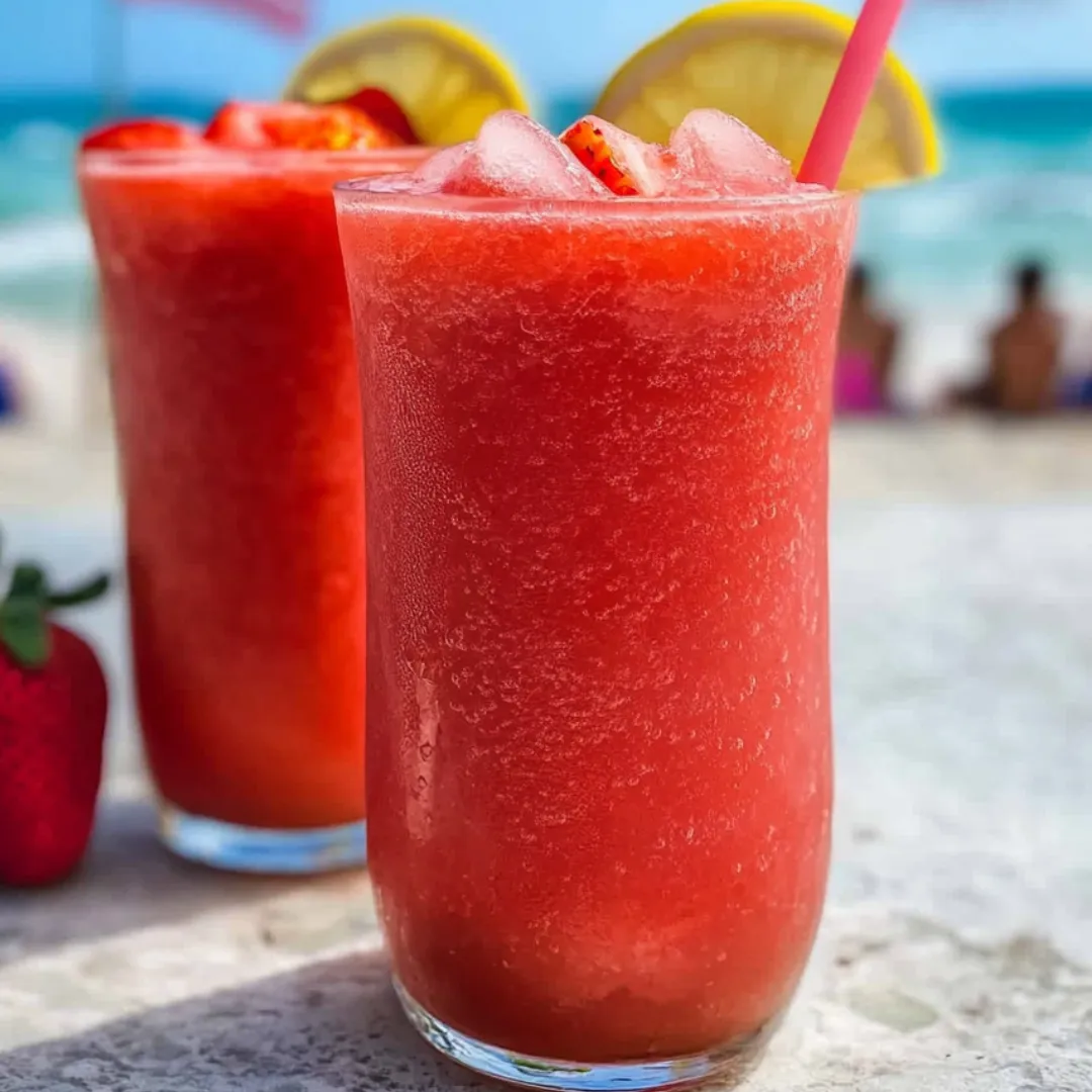 Two glasses with a red icy drink sit on a tabletop.