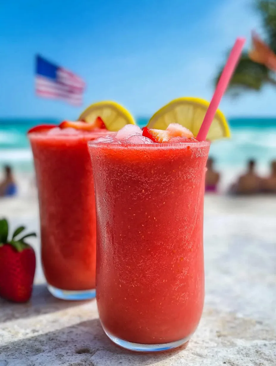 Pair of chilled glasses filled with red icy drinks and lemon wedges.