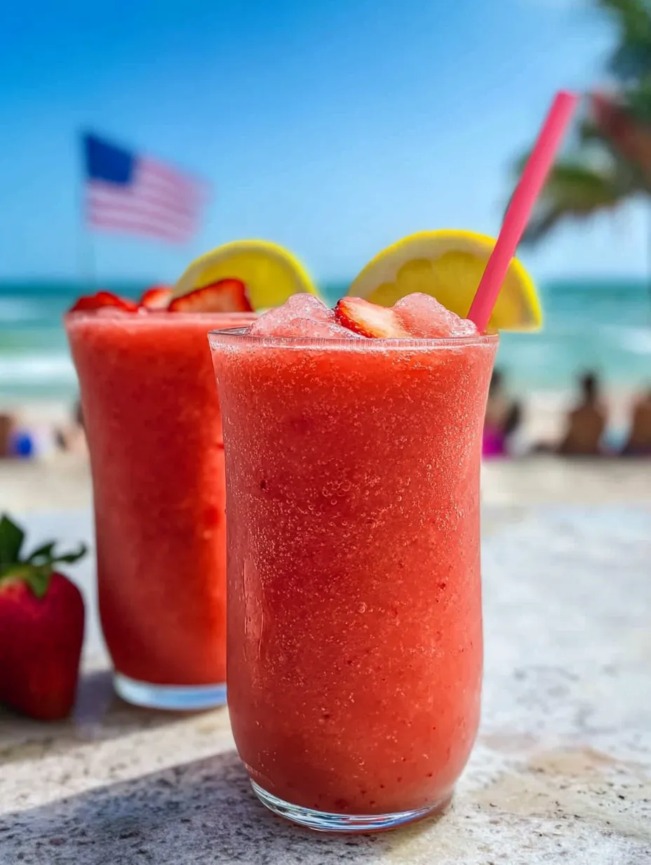 A couple of glasses filled with strawberry drinks and lemon slices.