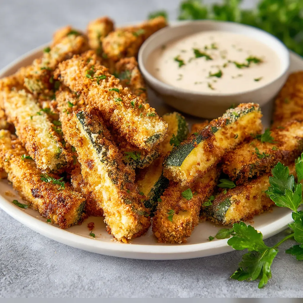 A plate piled with fried zucchini and a side of dip.