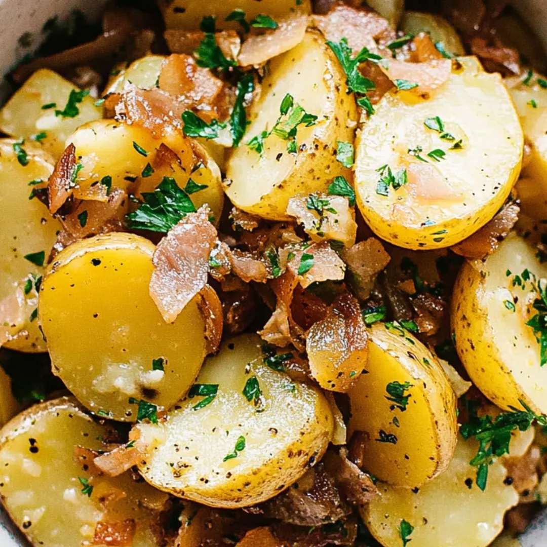 A big bowl filled with potatoes and onions.