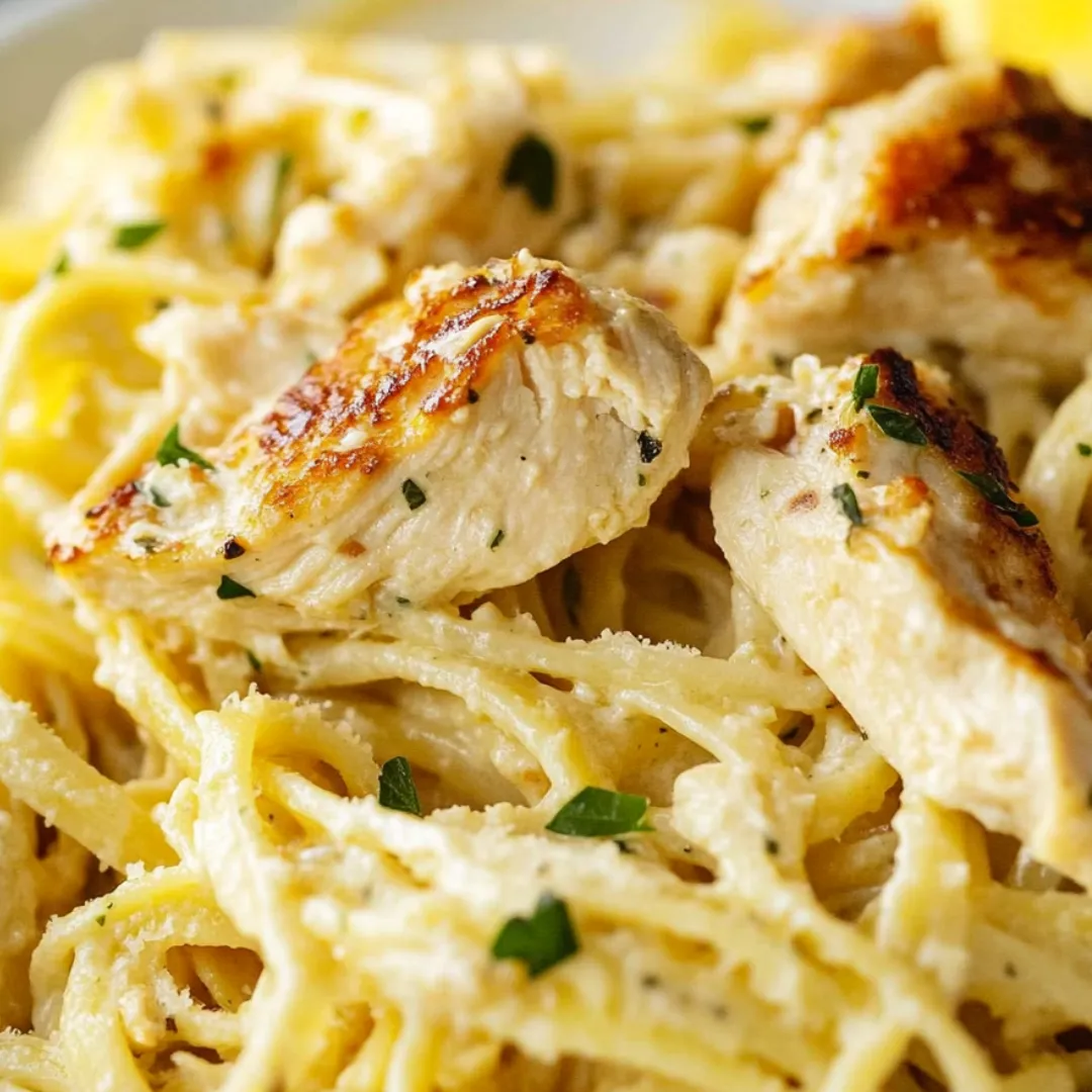 Pasta topped with chicken slices on a plate.