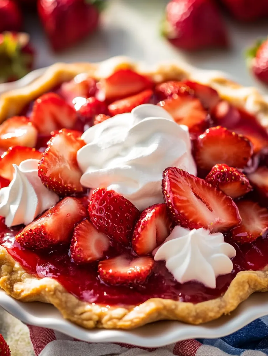 Pie slice topped with mounds of whipped cream and bright strawberries.