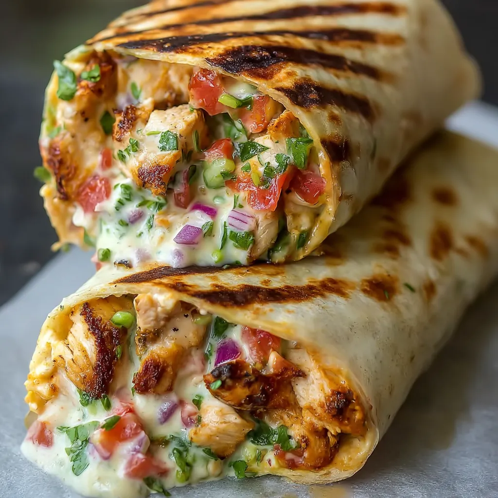 A tortilla wrap stuffed with grilled chicken, lettuce, and juicy tomatoes.