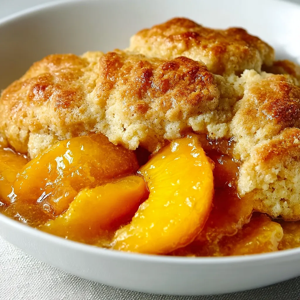 Peaches and biscuit topping in a bowl.