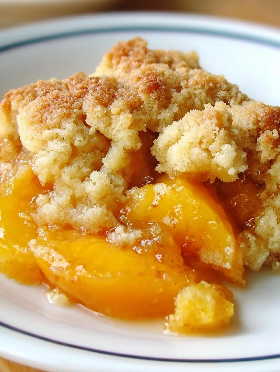 White plate holding a serving of peach dessert.