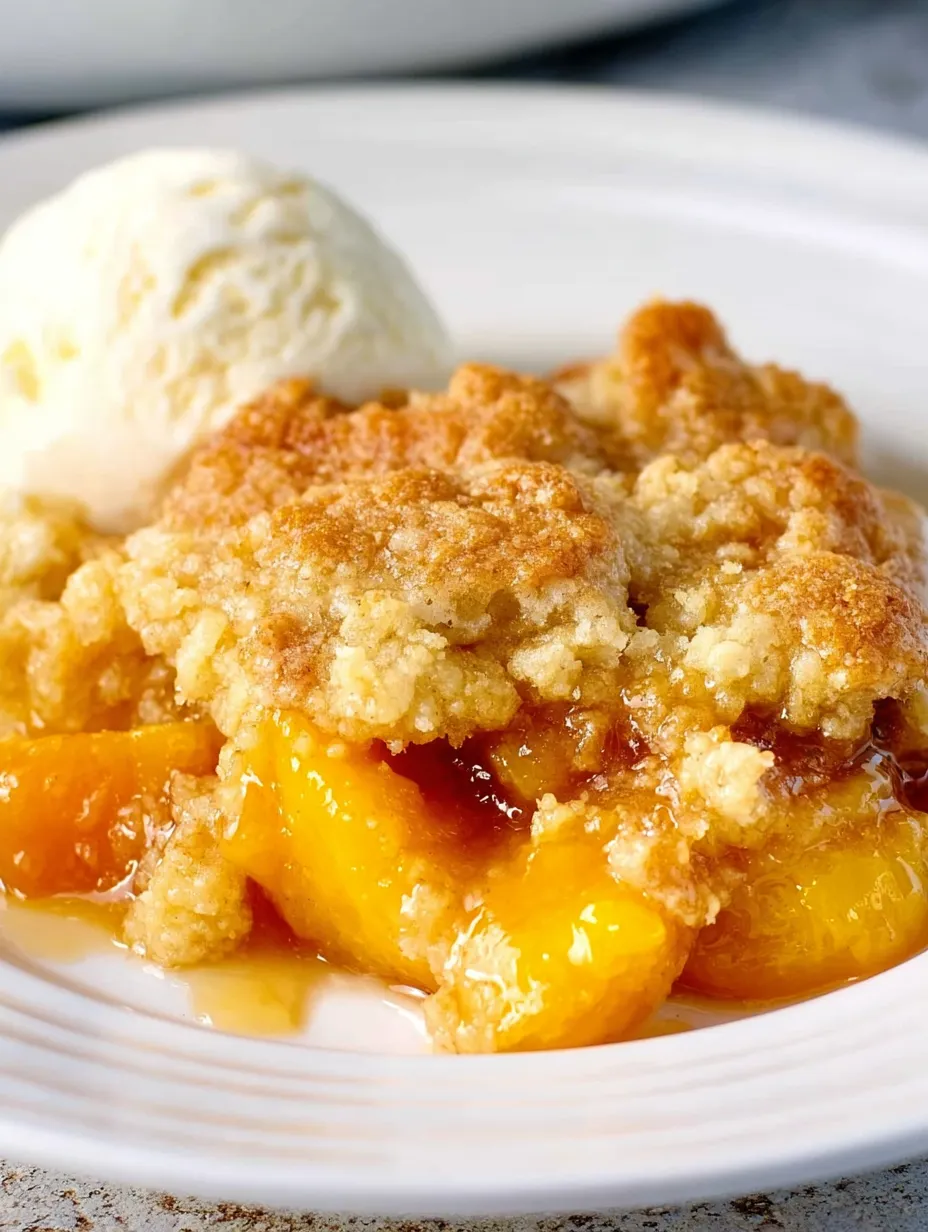 Dessert topped with ice cream next to peach cobbler.