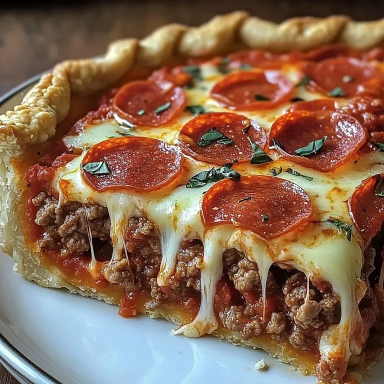 A cheesy pepperoni and hamburger pizza slice.