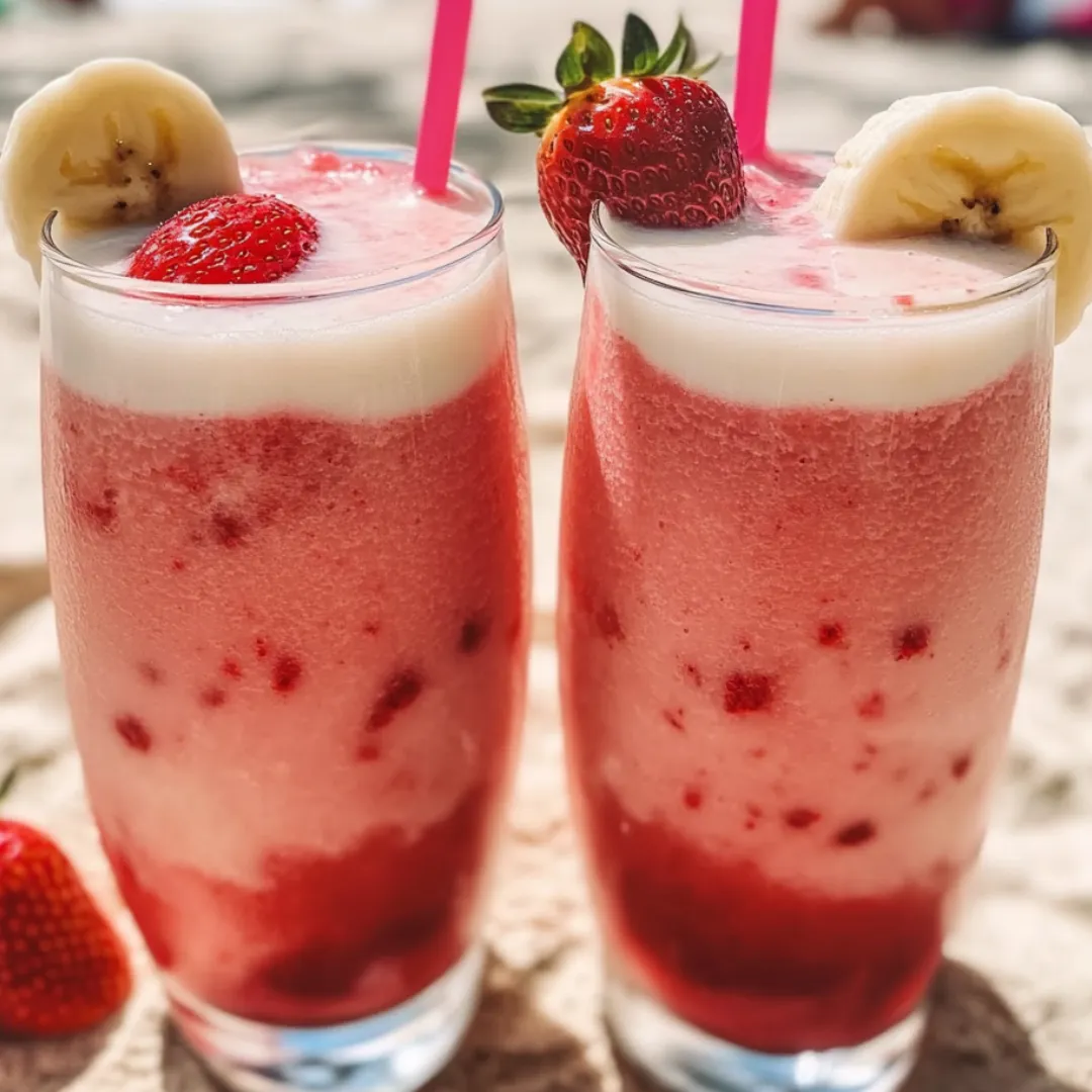 A pair of glasses filled with creamy pink milk.