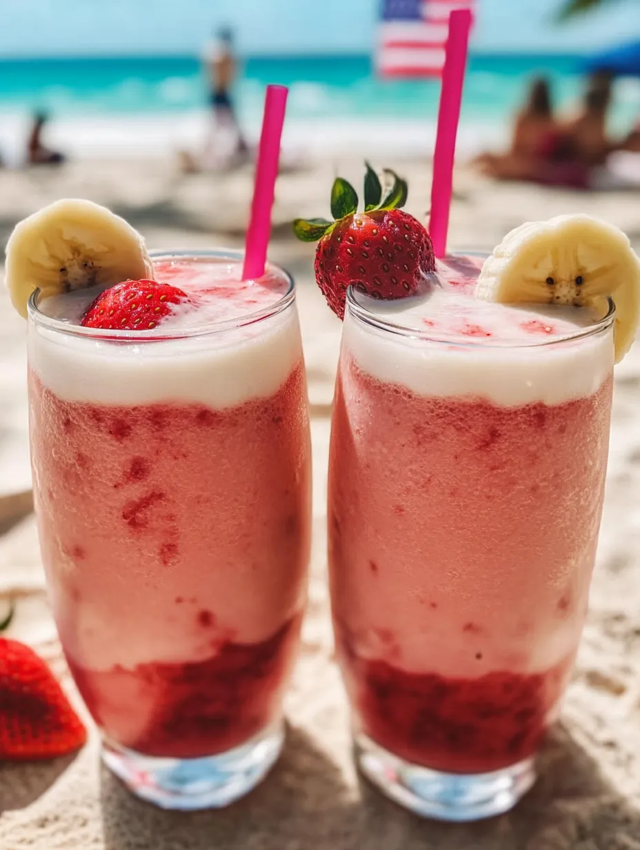 Two glasses filled with strawberry banana smoothie.