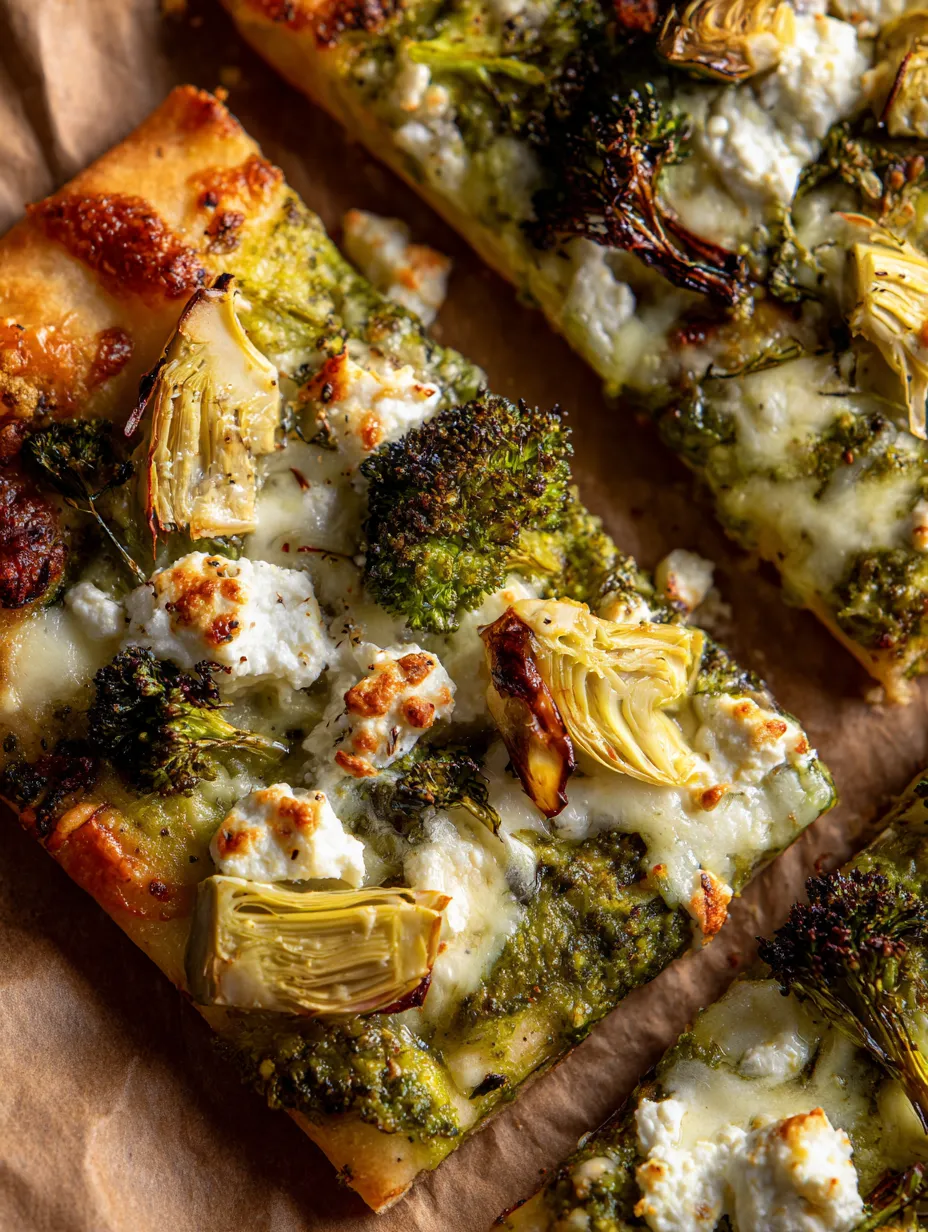 A slice of pizza topped with broccoli.
