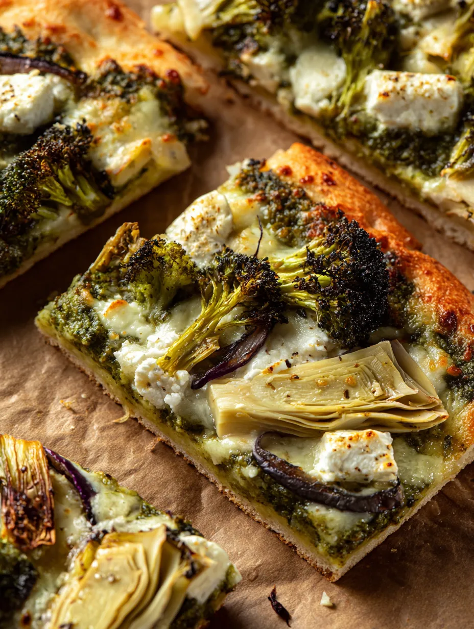 A delicious slice of pizza covered in broccoli.