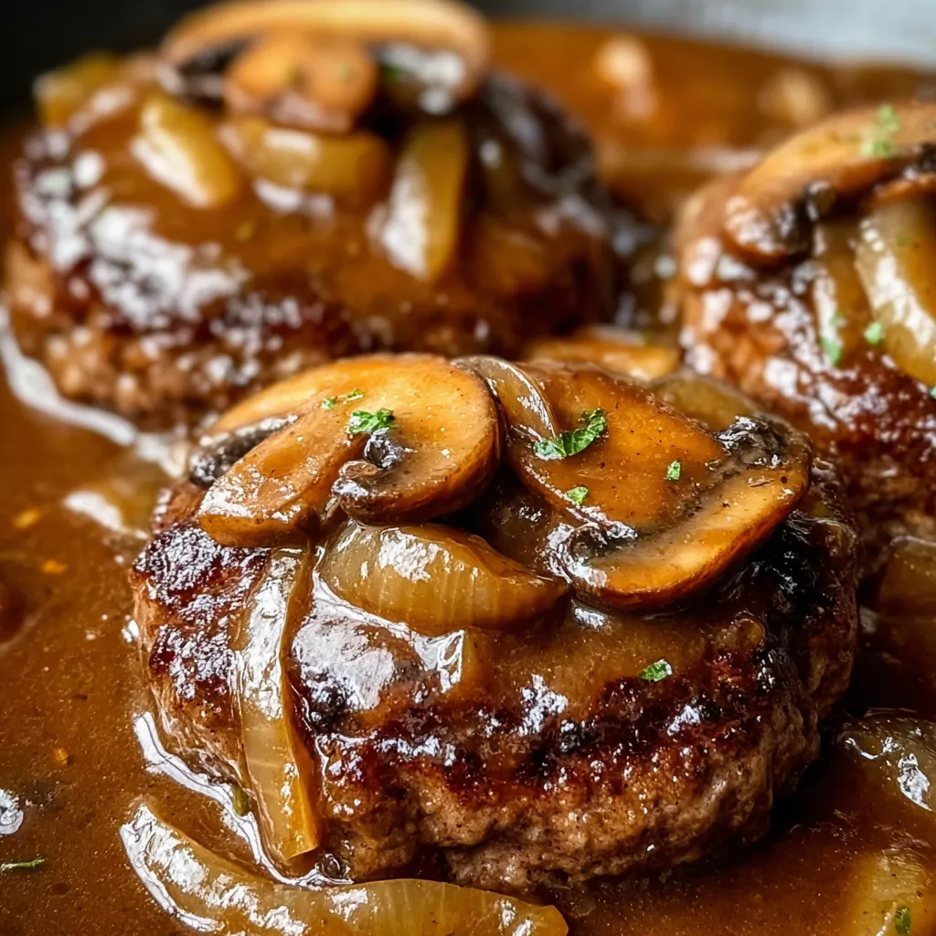 Super close view of ground beef patties with mushrooms on top.