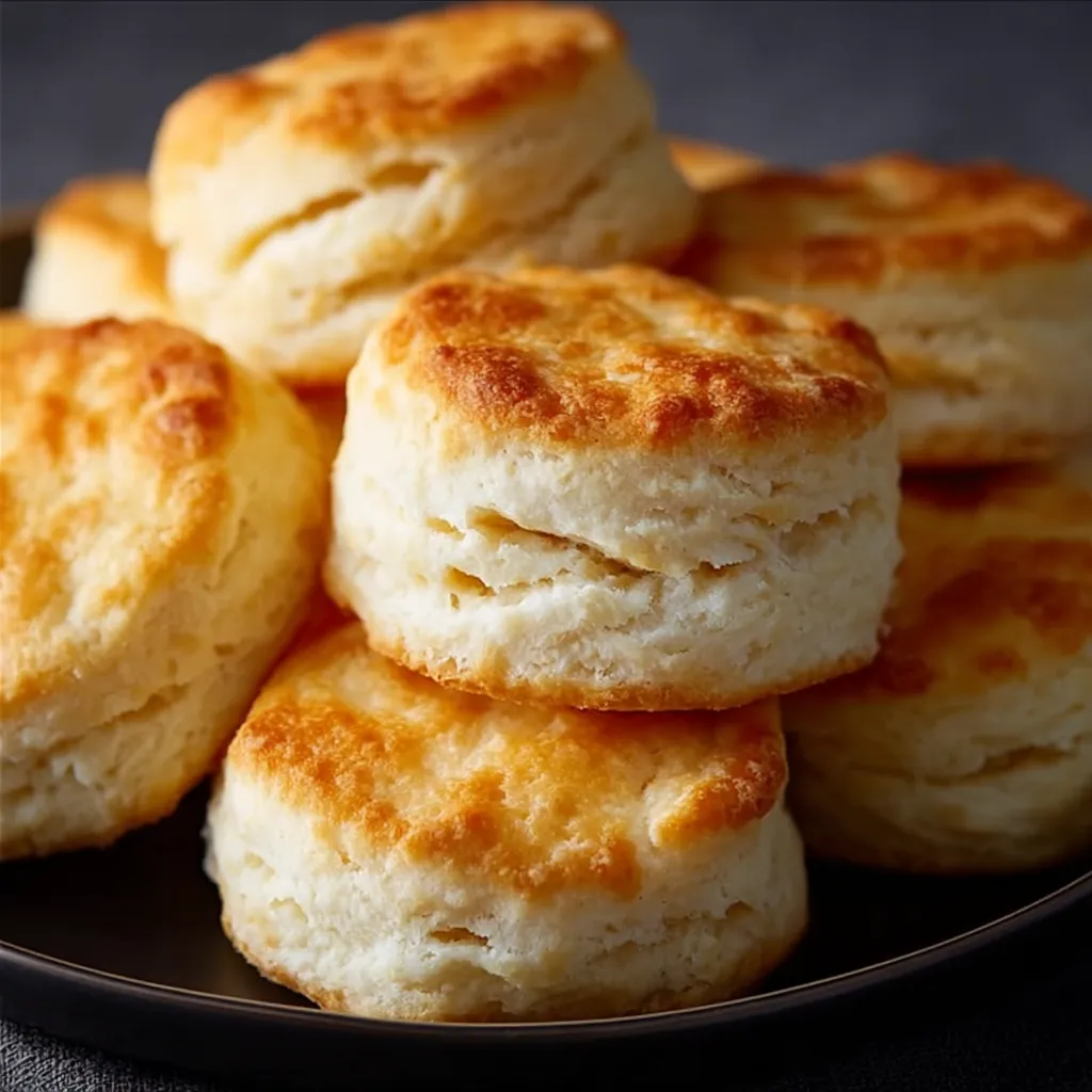 A plate stacked high with homemade biscuits.