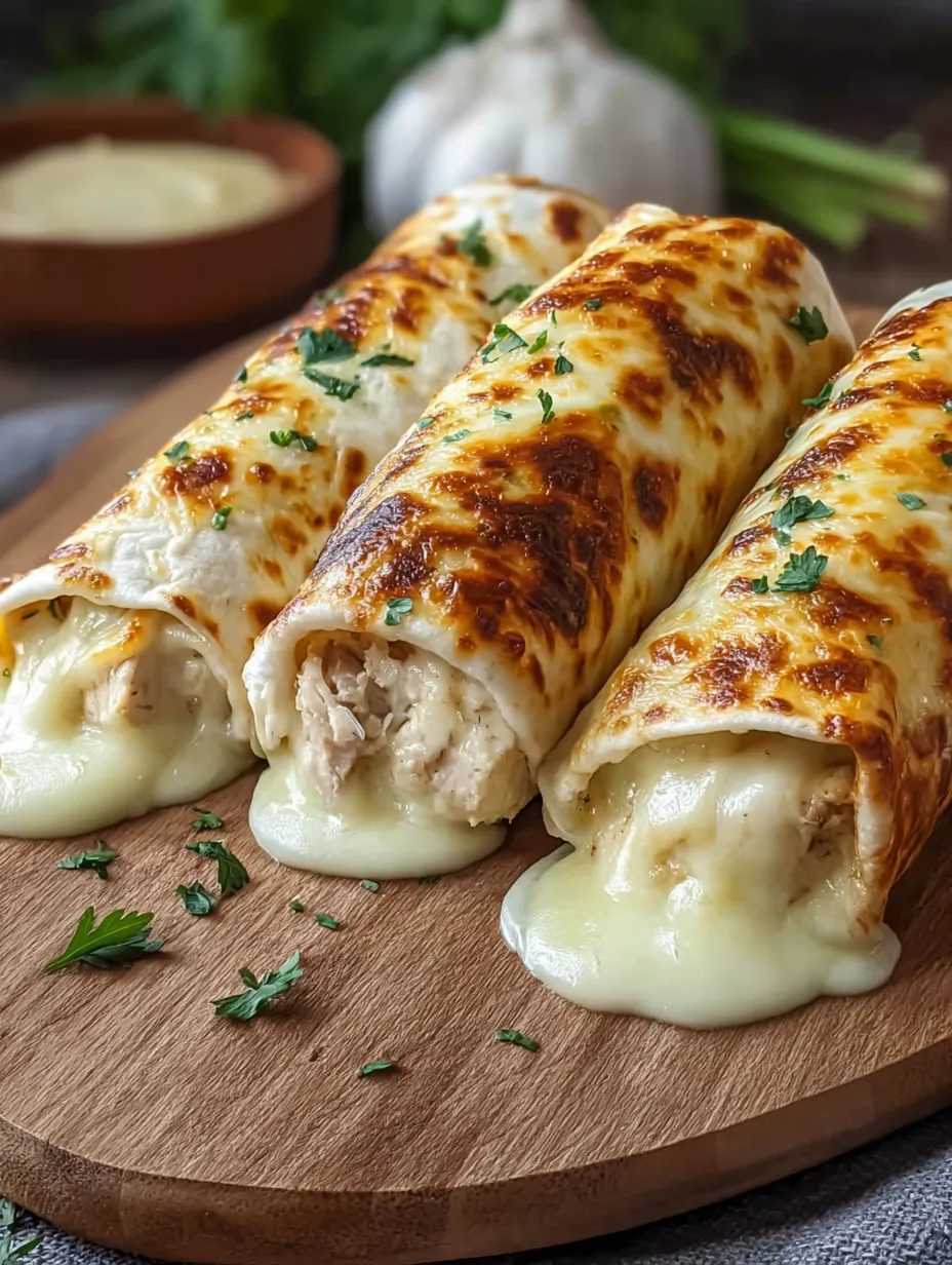 Three tasty wraps sitting on a wooden board.