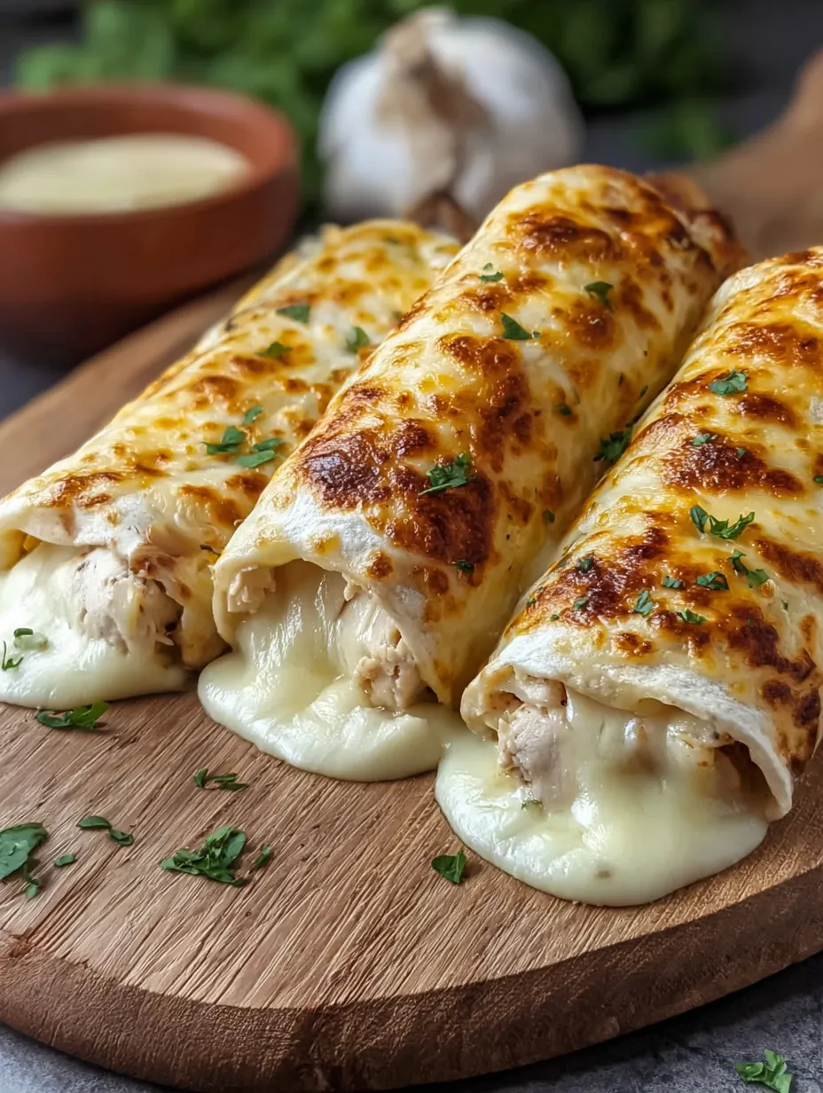 Three golden chicken wraps on a rustic table.