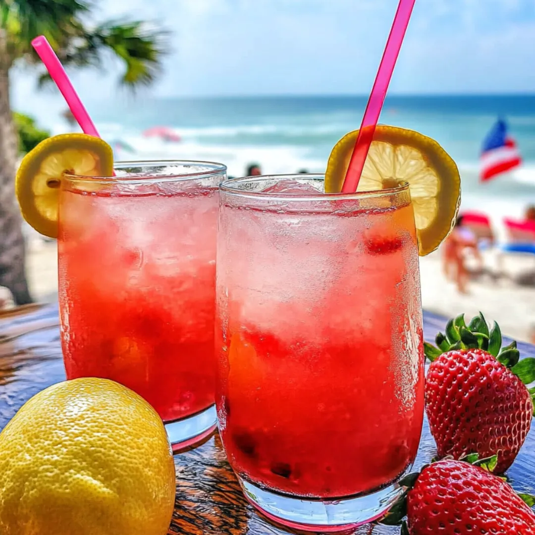 Two chilled glasses of strawberry lemonade with lemon slices on a tabletop.