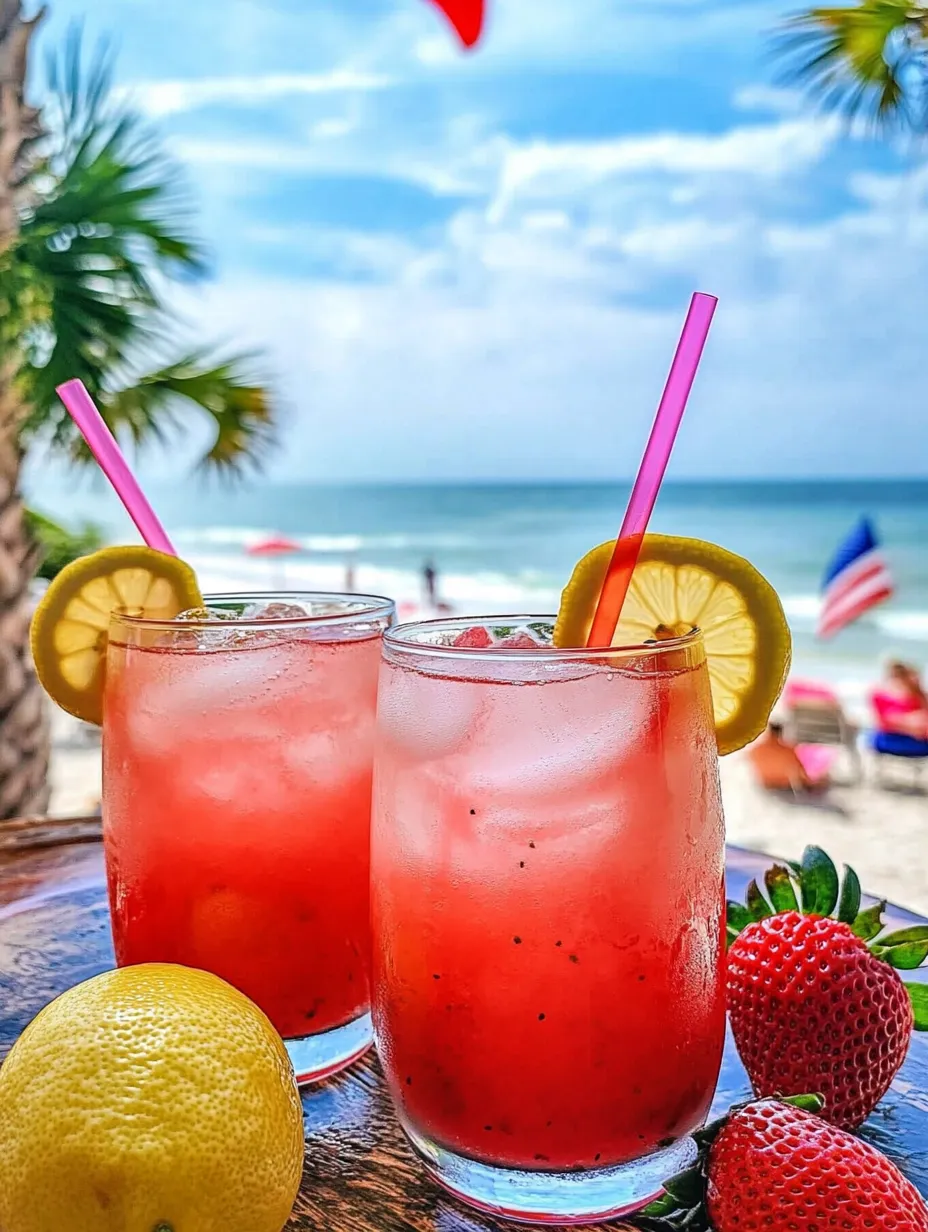Pink lemonade in two glasses along with lemons and strawberries.