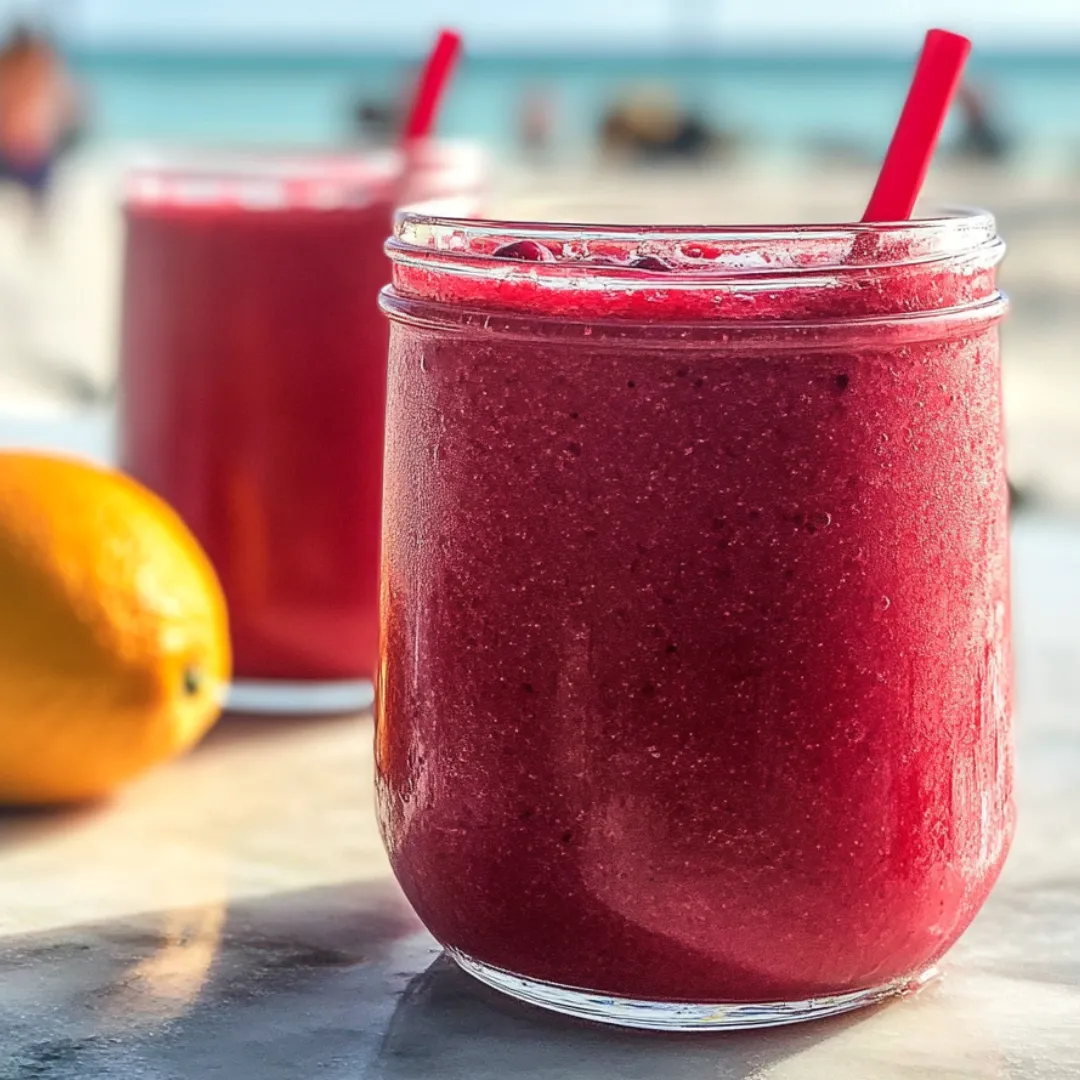 A tall glass of red fruit drink with a lemon slice on the side.
