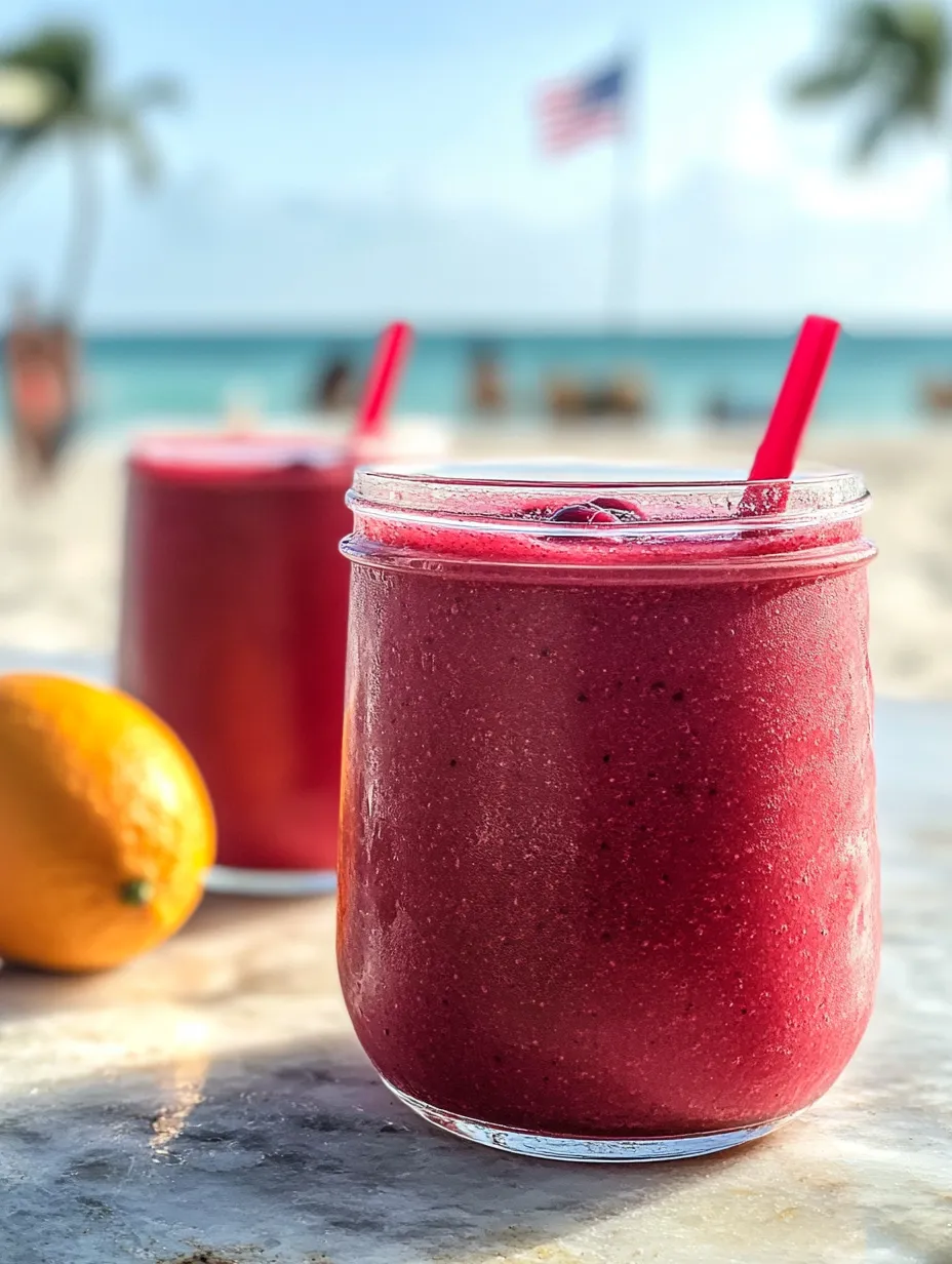 Two glasses filled with pink smoothie and striped straws.
