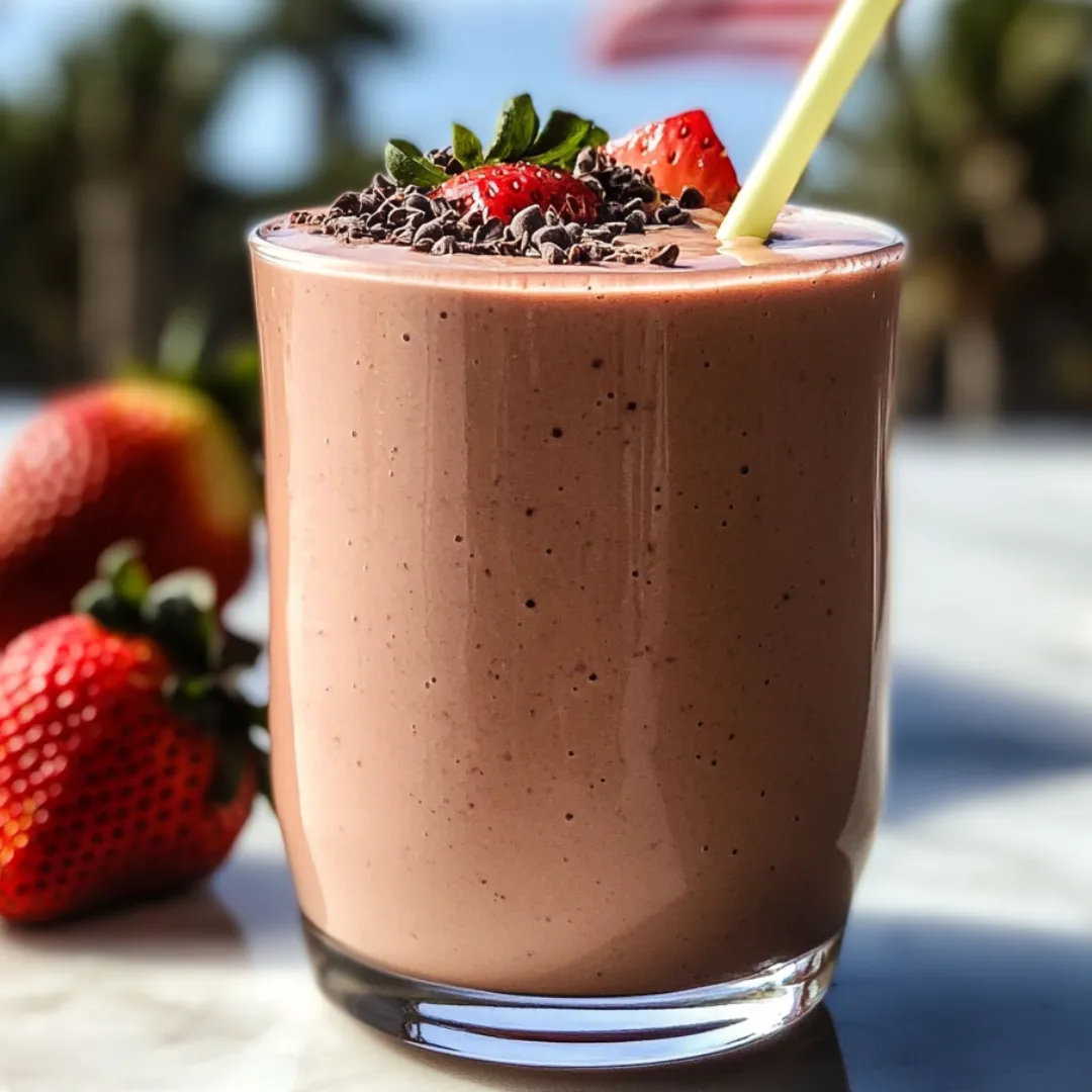 Glass filled with chocolate milk and strawberries on top.