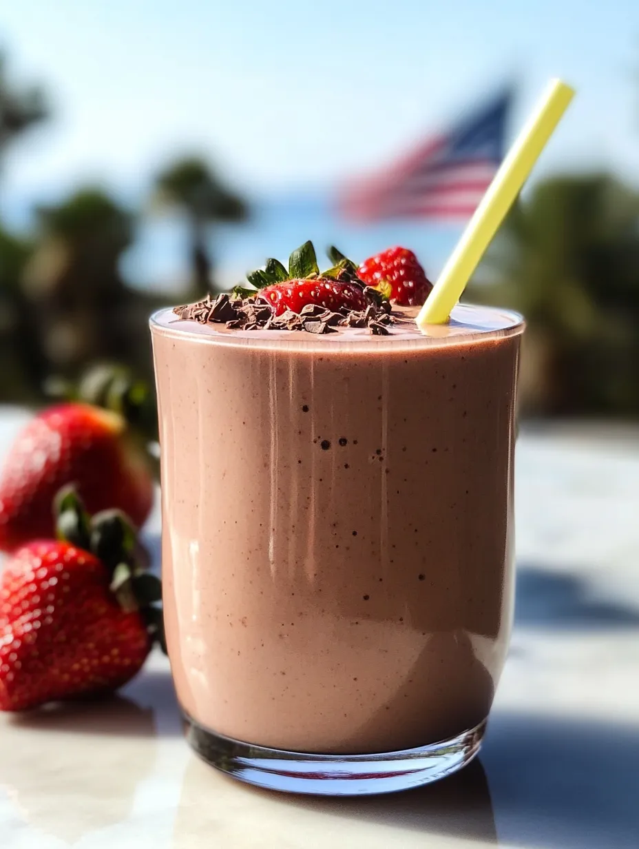 A glass full of chocolate milk with strawberries on top.