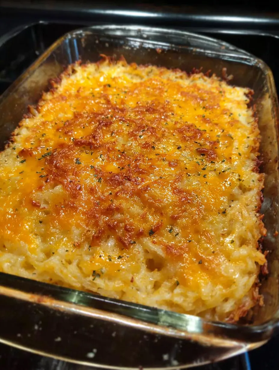 A pan filled with cheesy golden potatoes.