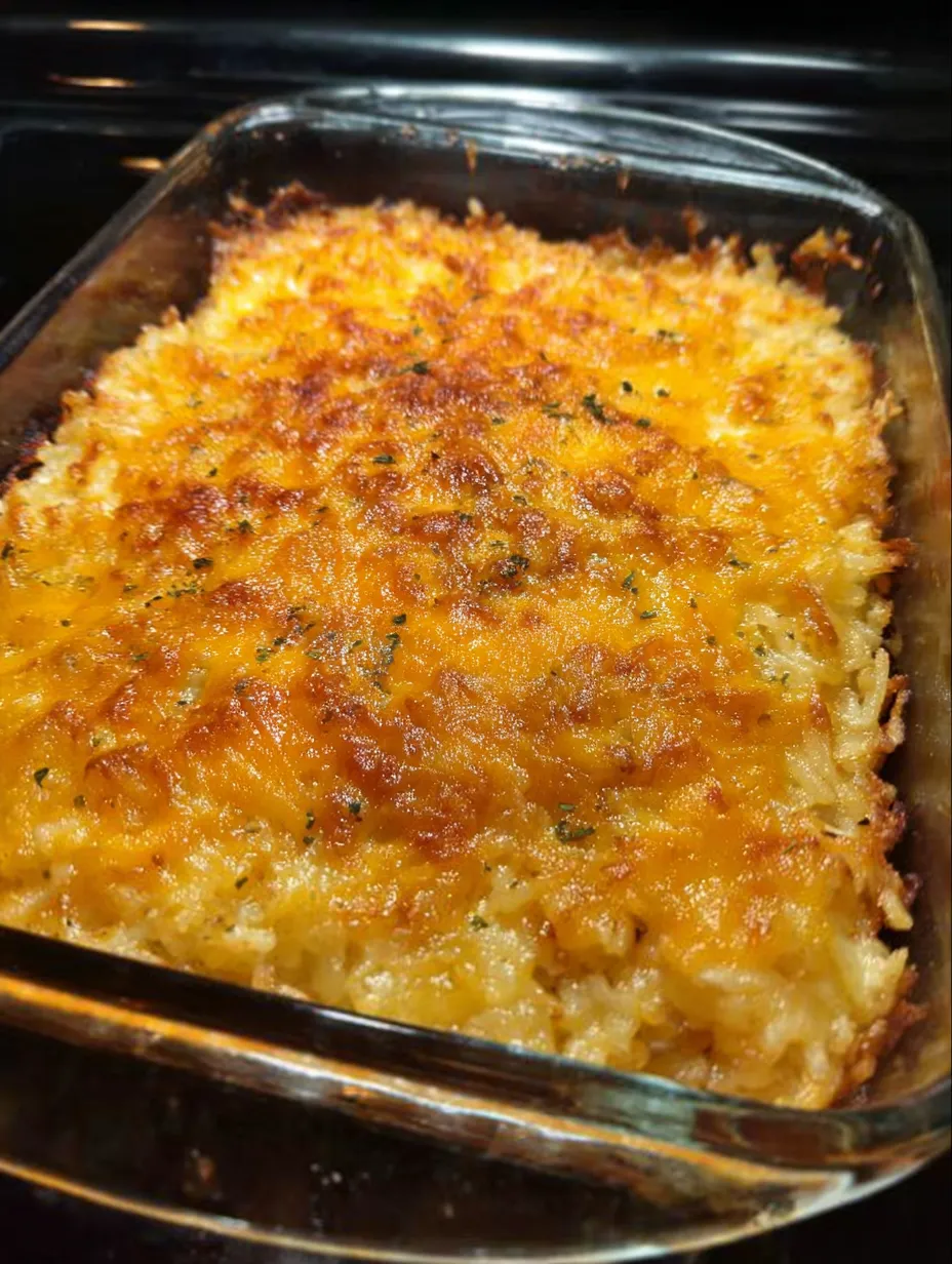 A square pan with bubbly cheese and potatoes.