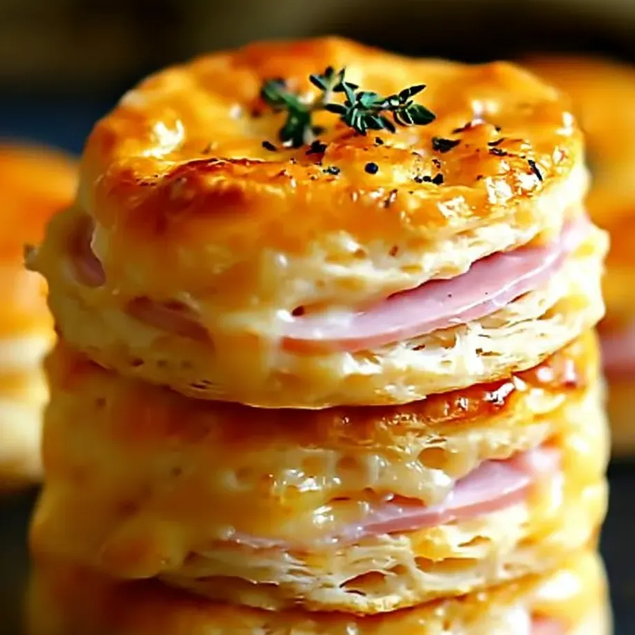 Stacked sandwiches stuffed with slices of ham and melty cheese.