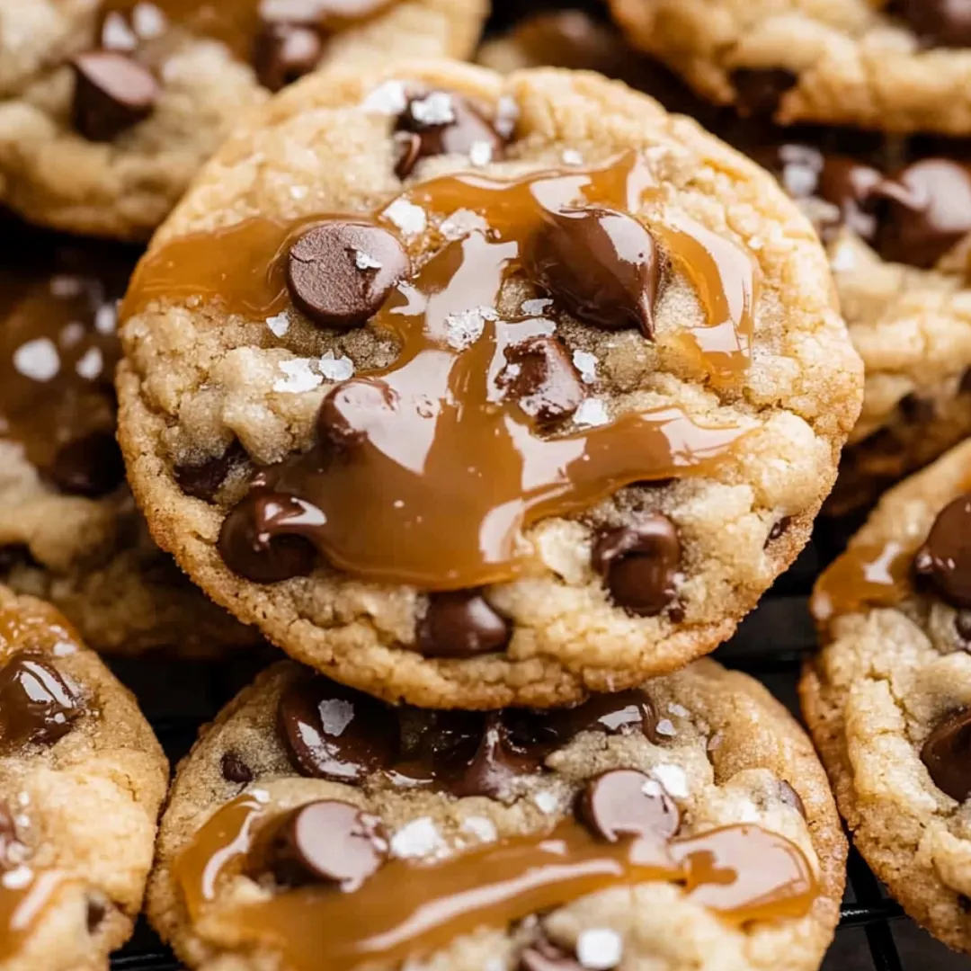 Cookies packed with chocolate chips and caramel drizzled on top.