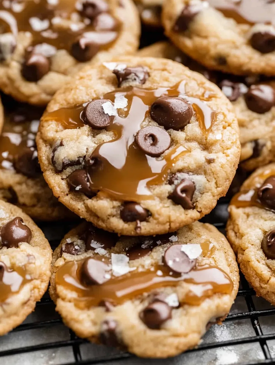 Chocolate chip cookies loaded with caramel, some caramel drizzled over top.