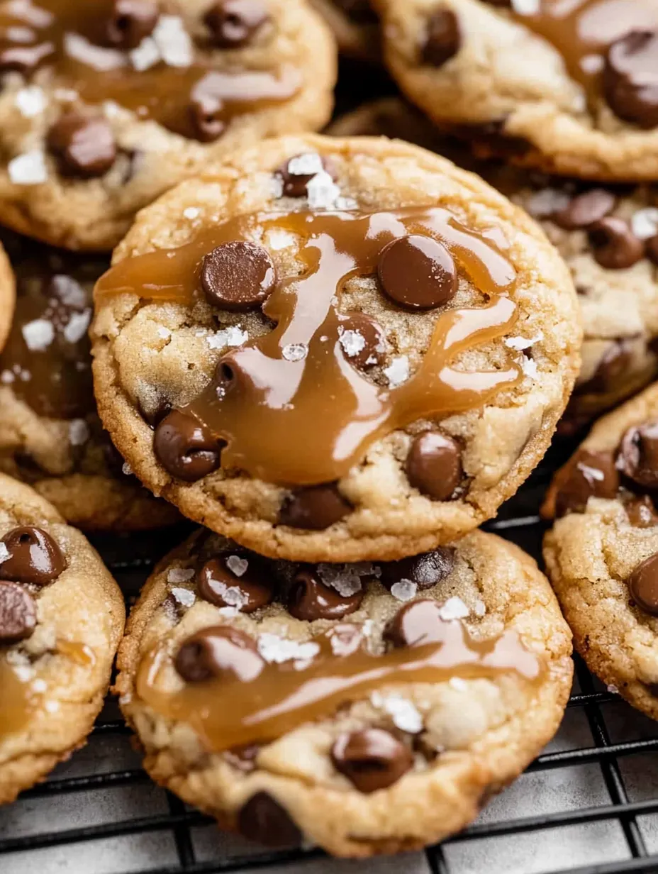Chocolate chip cookies loaded with caramel, some caramel drizzled over top.