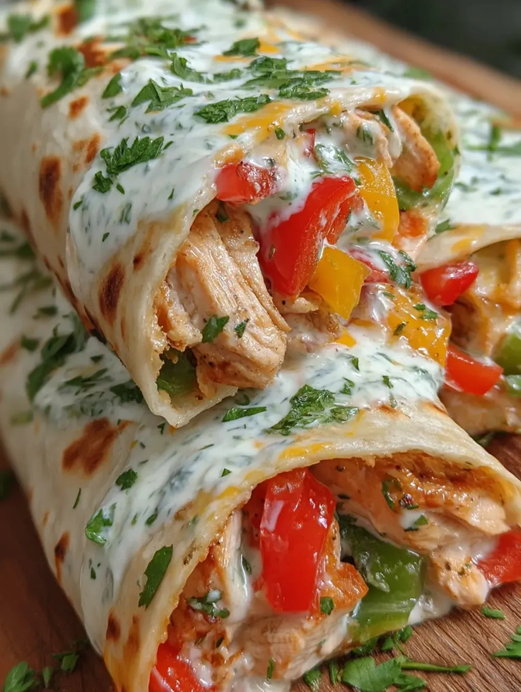 A burrito with chicken, tomatoes, and cheese.